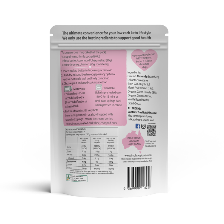 Low Carb Chocolate Mug Cake Mix (2 cakes/pack)