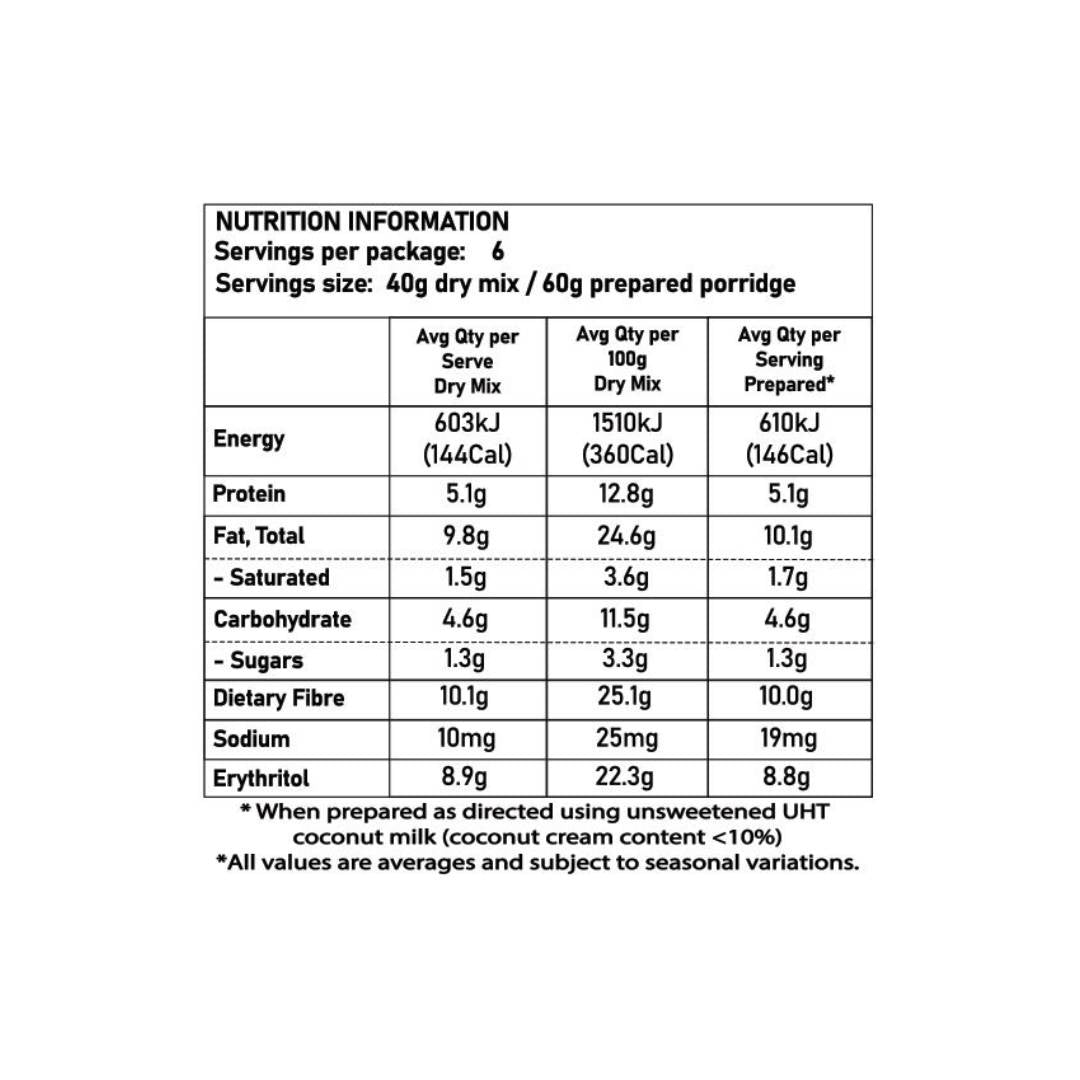 Low carb keto vanilla cinnamon porridge nutrition information panel