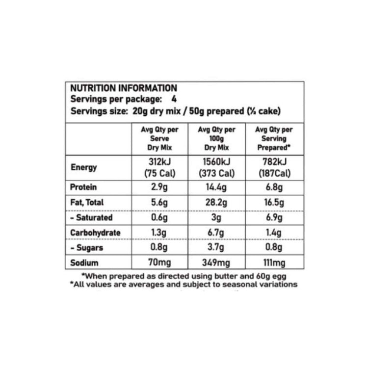 Low carb keto vanilla mug cake nutrition information panel