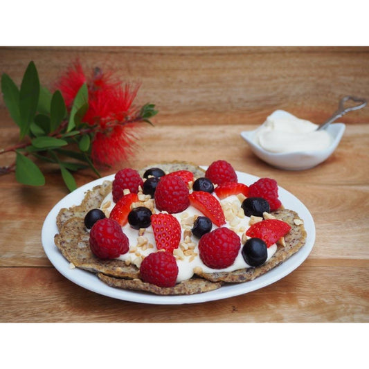 Low carb diabetic pancakes with cream and berries